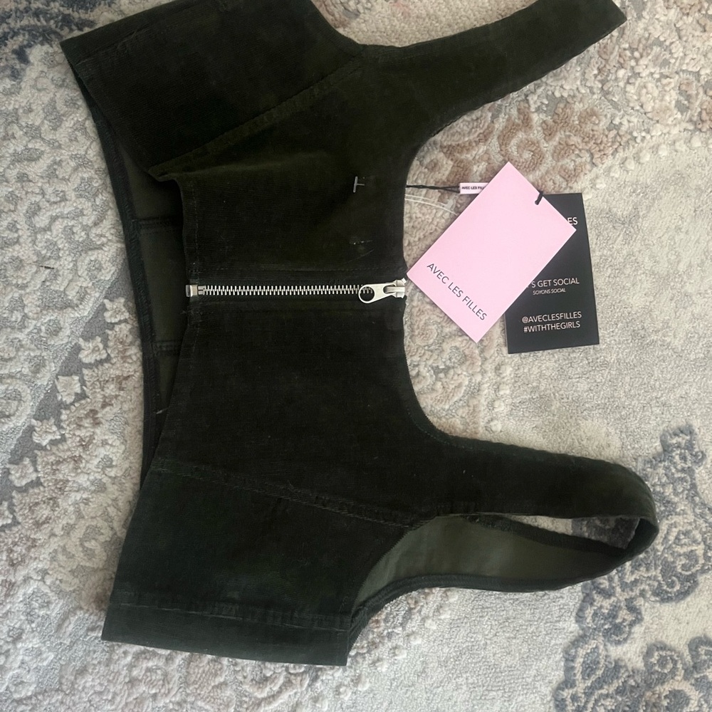 Avec Les Filles Black Suede Zip-Front Crop Tank